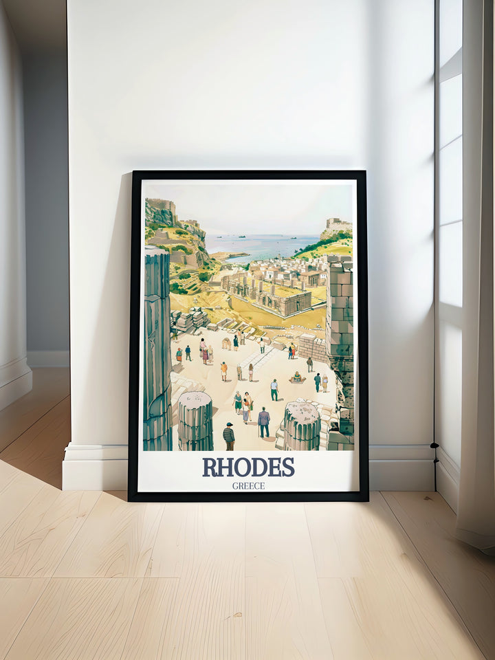 Rhodes Travel Poster featuring the Acropolis of Lindos and the medieval Old Town of Rhodes. This stunning artwork captures the historical essence of the island, perfect for those with a love for travel and architecture.