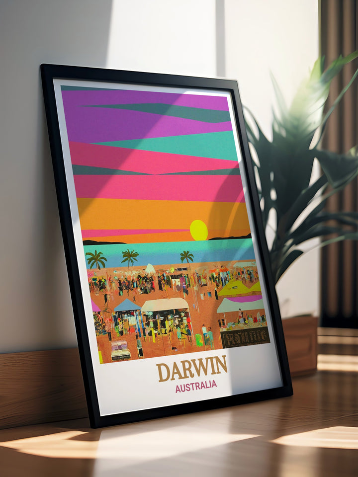 Australia travel poster featuring the Mindil Beach Sunset Markets, a vibrant and colorful scene in the heart of Darwin. This print captures the lively atmosphere and stunning sunsets of the Northern Territory, making it a perfect addition to any nature themed decor.