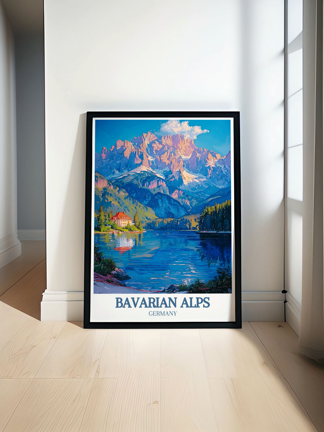 Exquisite print showcasing Zugspitze and Eibsee Lake in the Bavarian Alps, highlighting the dramatic mountain terrain and tranquil waters. Ideal for nature enthusiasts and those who appreciate scenic landscapes.
