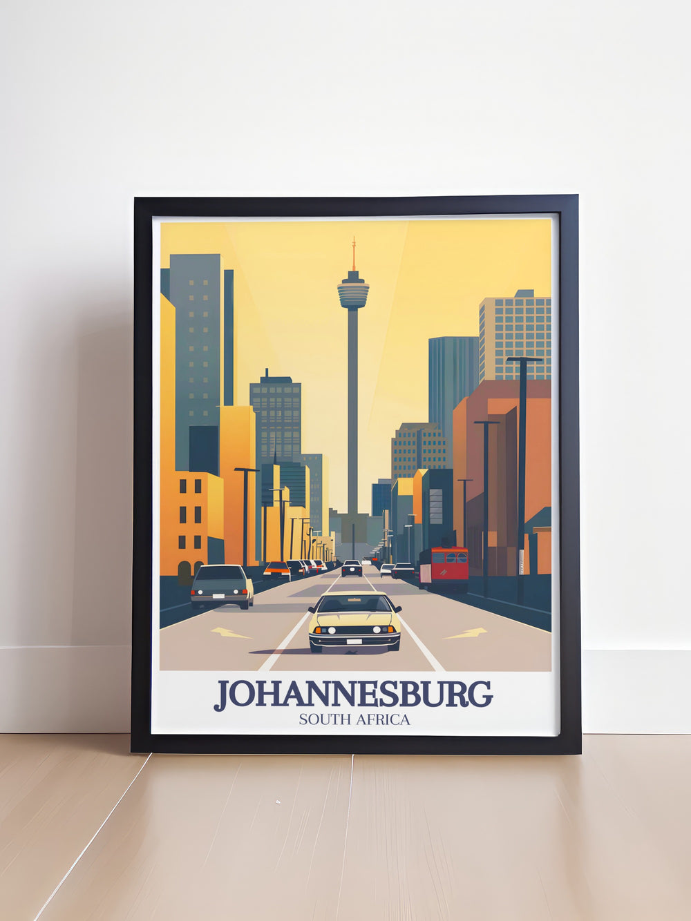 A vibrant Johannesburg poster print showcasing the citys iconic Hillbrow Tower and Carlton Centre. This travel poster captures the modern skyline of South Africas largest city, perfect for urban art lovers and those who appreciate Johannesburgs architectural beauty.