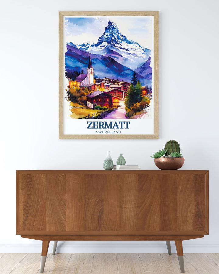 Beautiful Ski Resort Decor featuring Zermatt Village St. Mauritius Church and Matterhorn ideal for creating a stylish home atmosphere