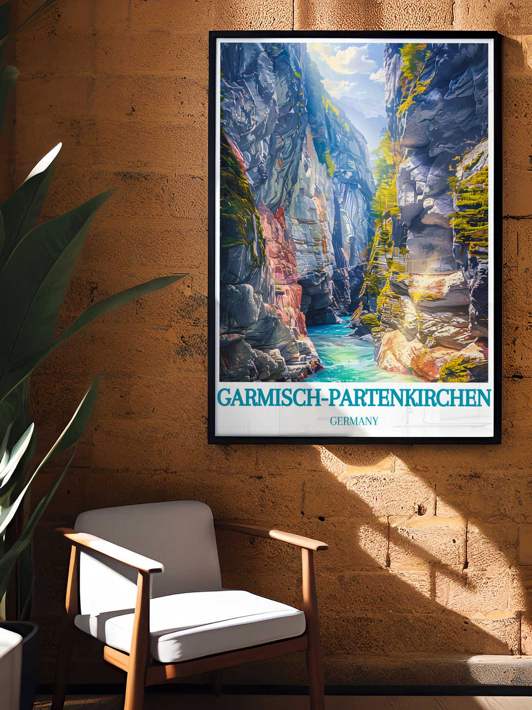 Travel art showcasing the beauty of Partnach Gorge, highlighting the serene waters, towering limestone walls, and majestic landscape of this natural wonder, making it an ideal addition for nature enthusiasts and adventurers.