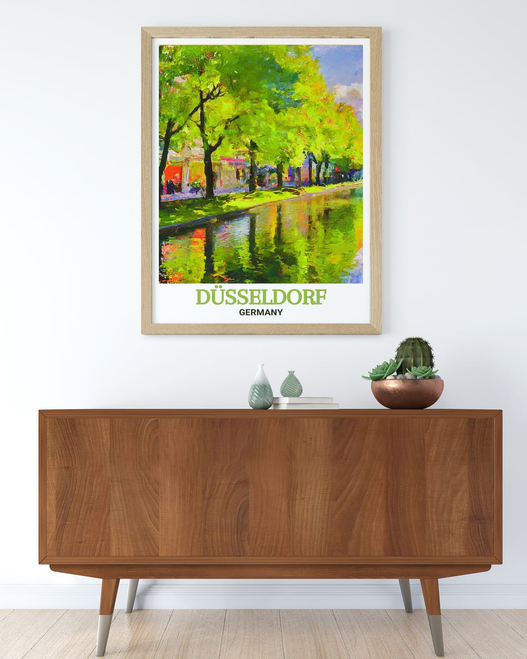 This canvas print of Düsseldorfs Königsallee combines the citys architectural elegance with a contemporary artistic style. A detailed city map enhances the artwork, making it a striking addition to any space that celebrates travel and design.