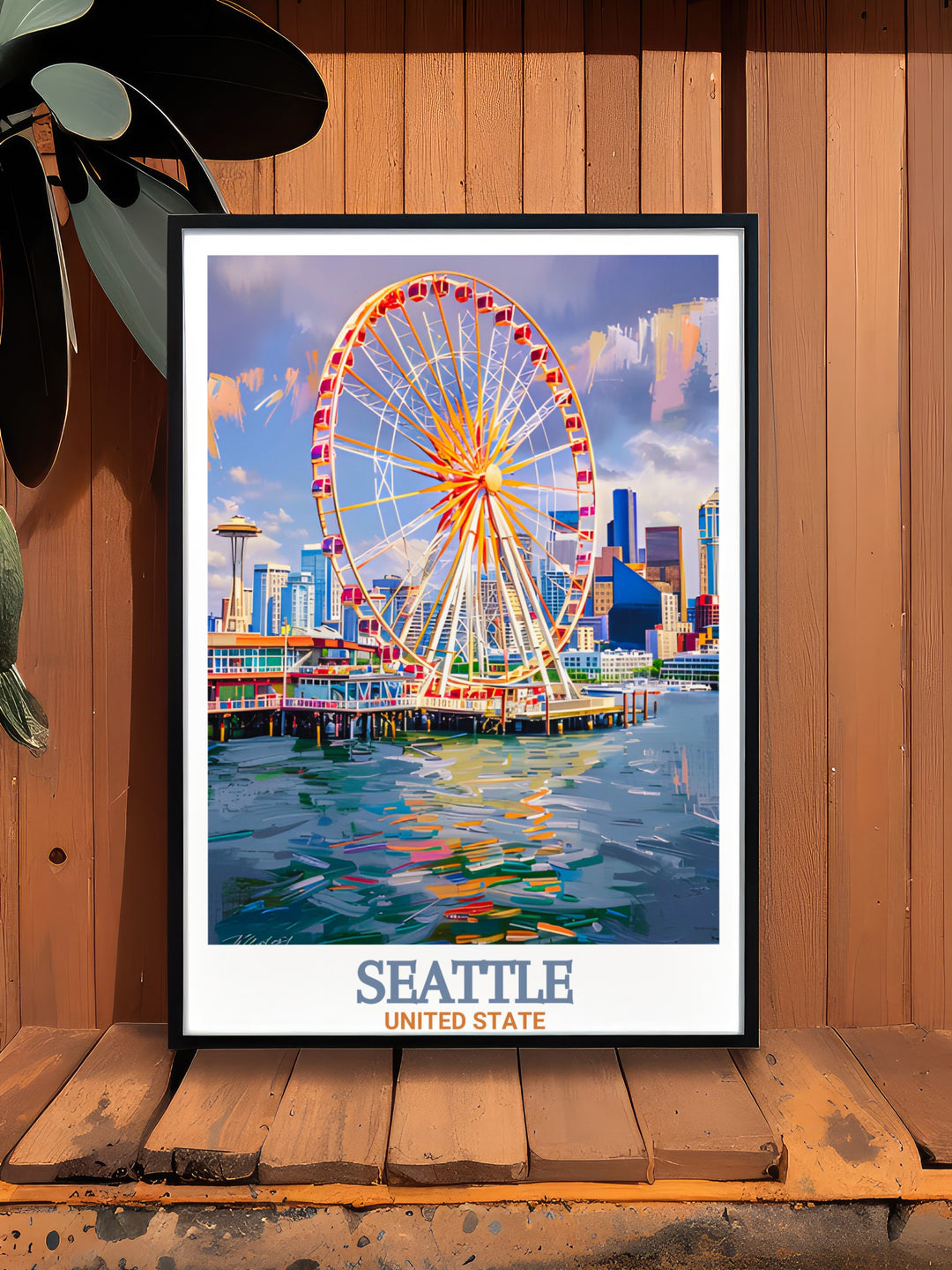 A detailed Seattle skyline poster featuring the Great Wheel against the citys waterfront. This travel print highlights the beauty of Seattles urban landscape, offering a perfect addition to Pacific Northwest inspired home decor.