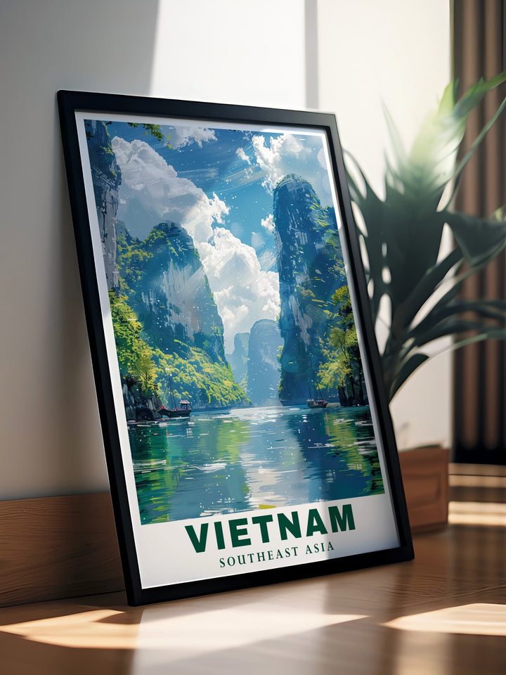 Ha Long Bay Wall Art featuring the iconic limestone karsts rising from the emerald waters. This travel inspired art print brings the beauty of one of Vietnams most beloved natural sites into your home, perfect for creating a peaceful and exotic atmosphere.