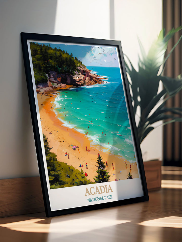 Stunning vintage print of Sand Beach in Acadia National Park perfect for creating a focal point in any room ideal for those who love national park posters and want to add a touch of natural beauty to their home decor.