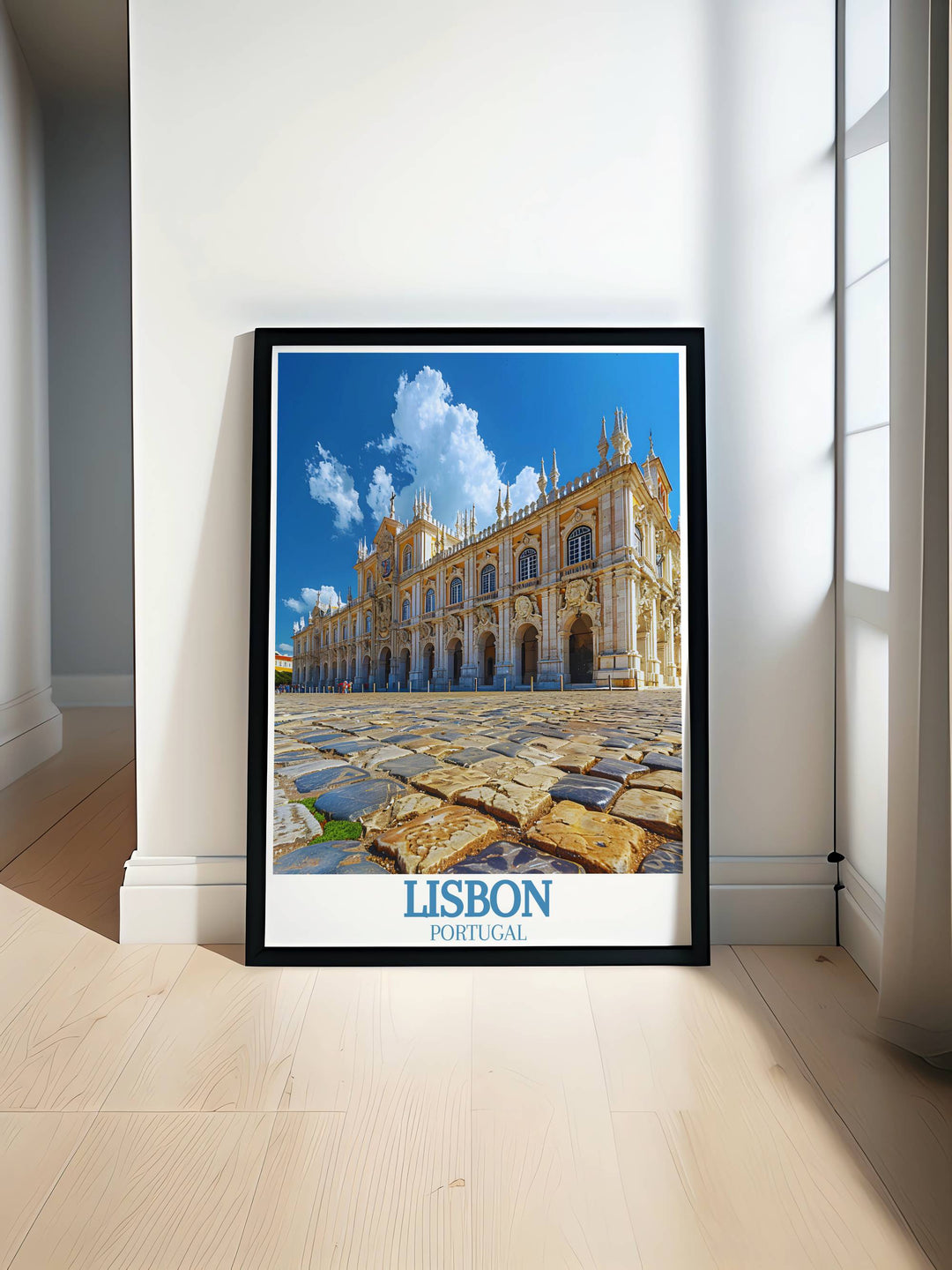 Jeronimos Monastery Modern Print showcasing the intricate details of the historic Manueline architecture in a minimalist style perfect for elegant home decor and wall art.