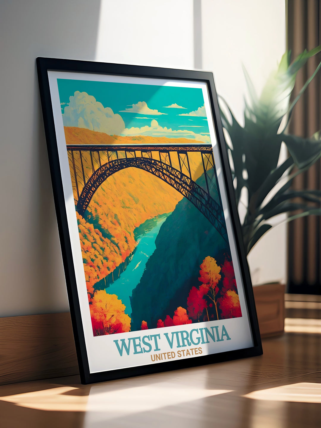 Captivating USA ski resort print featuring Snowshoe Ski Resort and the iconic New River Gorge Bridge ideal for fans of skiing snowboarding and vintage travel posters adding a touch of West Virginias natural beauty and adventure to any wall decor.