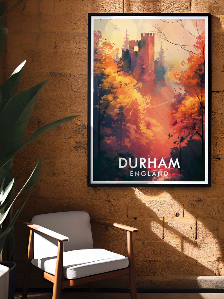 This art print showcases Durhams iconic skyline, dominated by the majestic Durham Castle and Cathedral, perfect for enhancing any home or office decor.