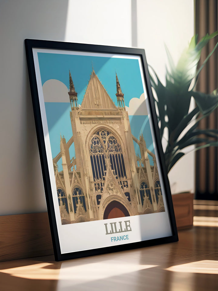 A framed art print of Lilles Saint Maurice Church, emphasizing the Gothic beauty of its design. This travel poster captures the essence of French architecture, making it a perfect choice for those who love European landmarks and historical buildings.