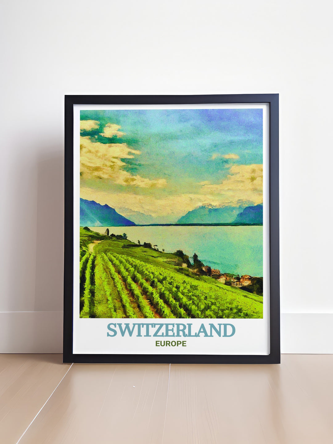 Lake Geneva art print capturing the picturesque beauty of the Swiss lake and the surrounding Alps. Perfect for travel enthusiasts and art lovers. This print brings the elegance and natural beauty of Switzerland into your home decor.