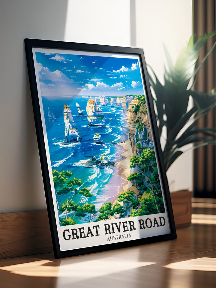 Great River Road travel print displaying the tranquil beauty of Australias riverside route, with detailed imagery of the rivers flow and the natural landscapes surrounding it. This artwork is perfect for nature lovers looking to add a calming and peaceful touch to their home décor.