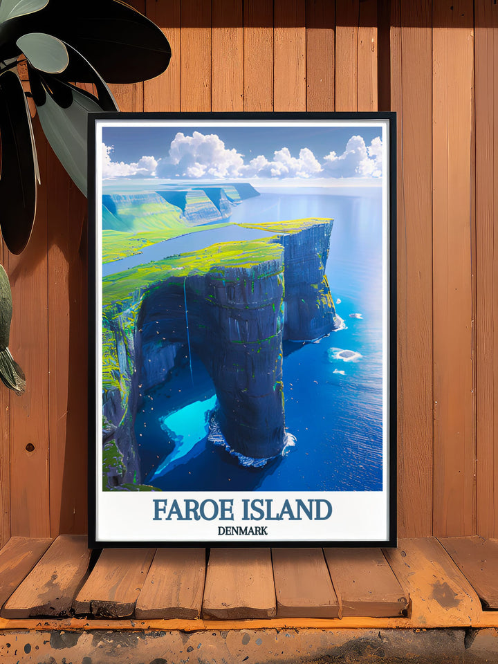This Faroe Islands travel poster features the stunning Sørvágsvatn and its picturesque surroundings, making it an ideal piece for those who love exploring Denmarks natural landscapes.