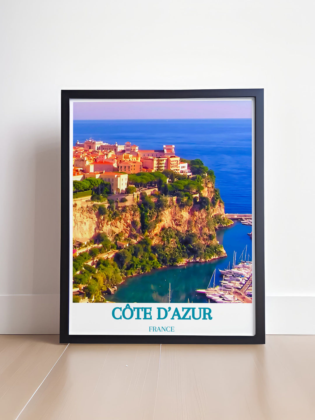 Home decor print showcasing the enchanting Côte dAzur, with its picturesque coastal scenery and the iconic Le Rocher. This artwork brings the beauty of the French Riviera into your space, featuring vibrant colors and intricate details of the Mediterranean landscape.