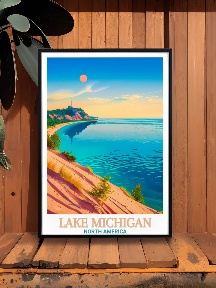 Lake Michigan and Sleeping Bear Dunes National Lakeshore Wall Art bring the majestic beauty of nature to your living room. This travel poster offers a vintage inspired touch to any home decor making it ideal for minimalist and modern spaces.