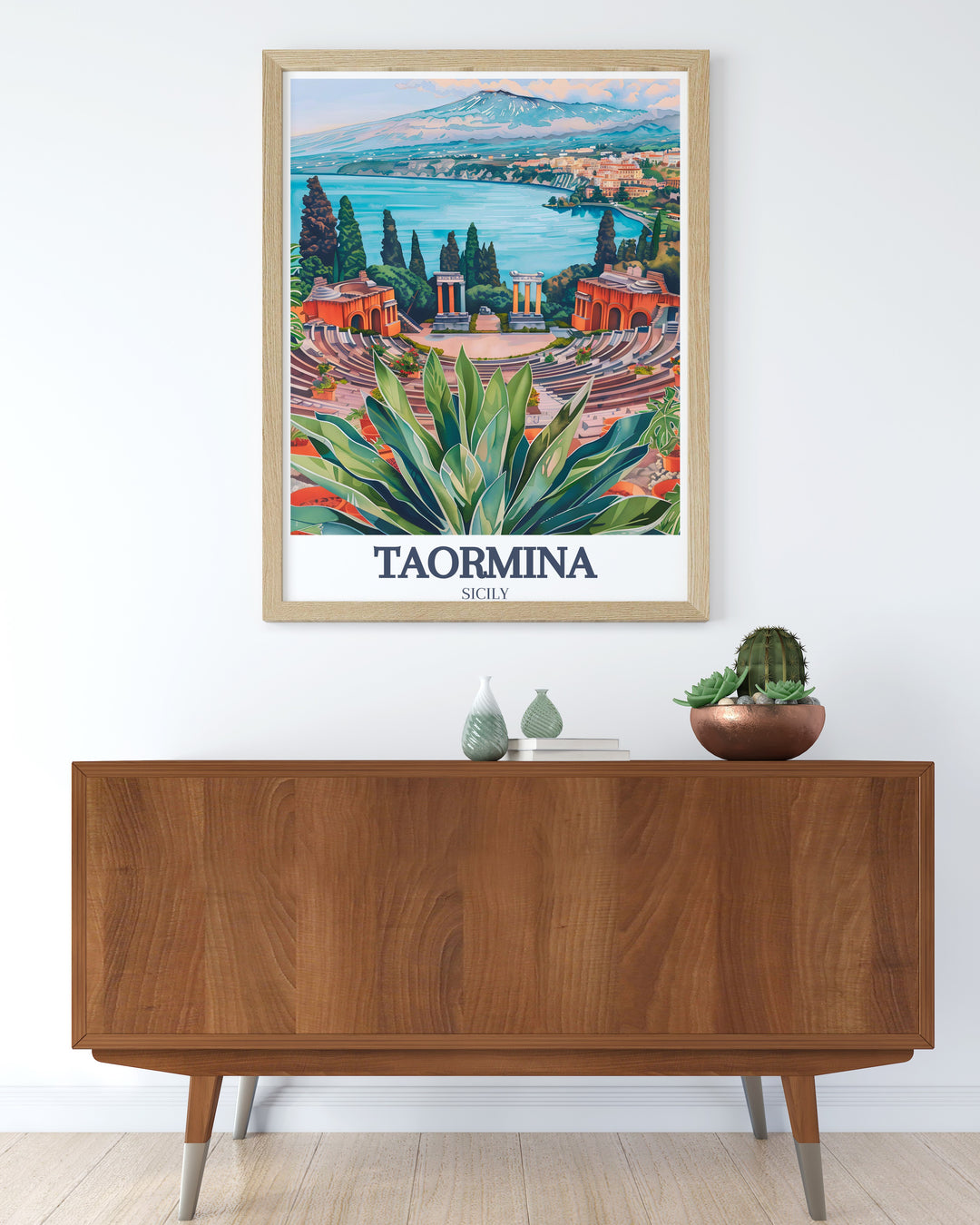 Italy poster showcasing the Ancient Theatre of Taormina and Isola Bella in breathtaking detail. This Taormina wall art features vibrant colors and intricate designs that reflect the charm of Italys coastal town.