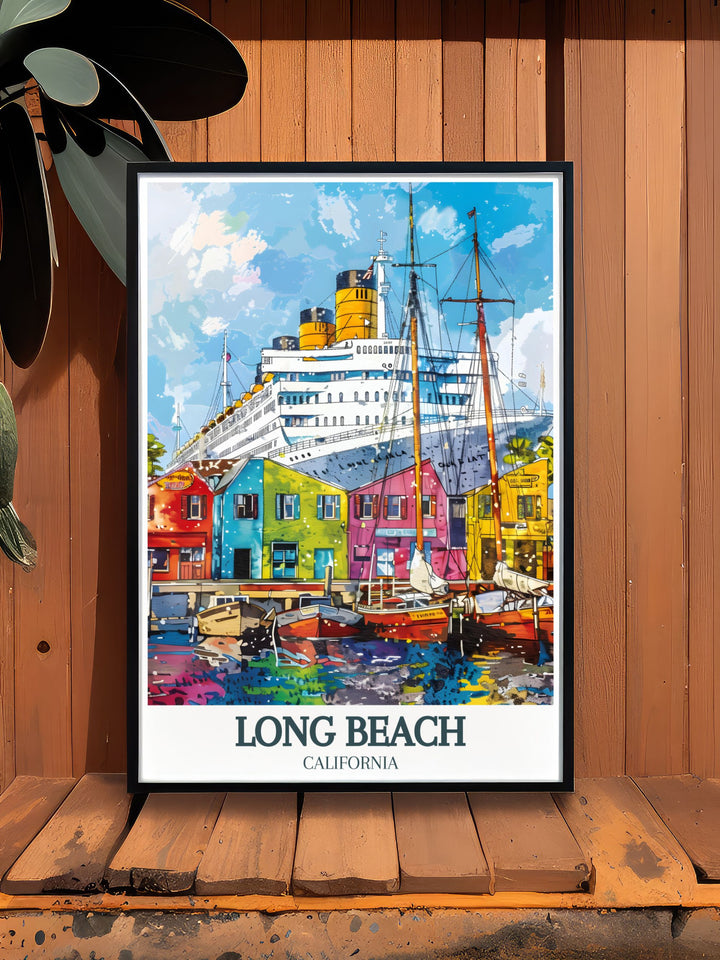 Long Beach City Map and Queen Mary with Shoreline Village art provide a beautiful representation of Californias coastal charm. This travel poster print is a unique choice for personalized gifts or modern decor with vibrant colors and timeless appeal.