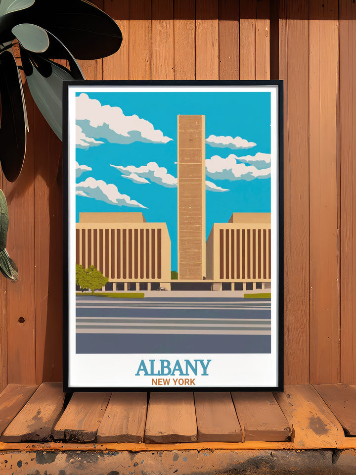 Stunning Empire State Plaza vintage print showcasing the charm of Albany perfect for those who appreciate New York State art and are looking for unique Albany gifts to elevate their home decor and wall art collection.