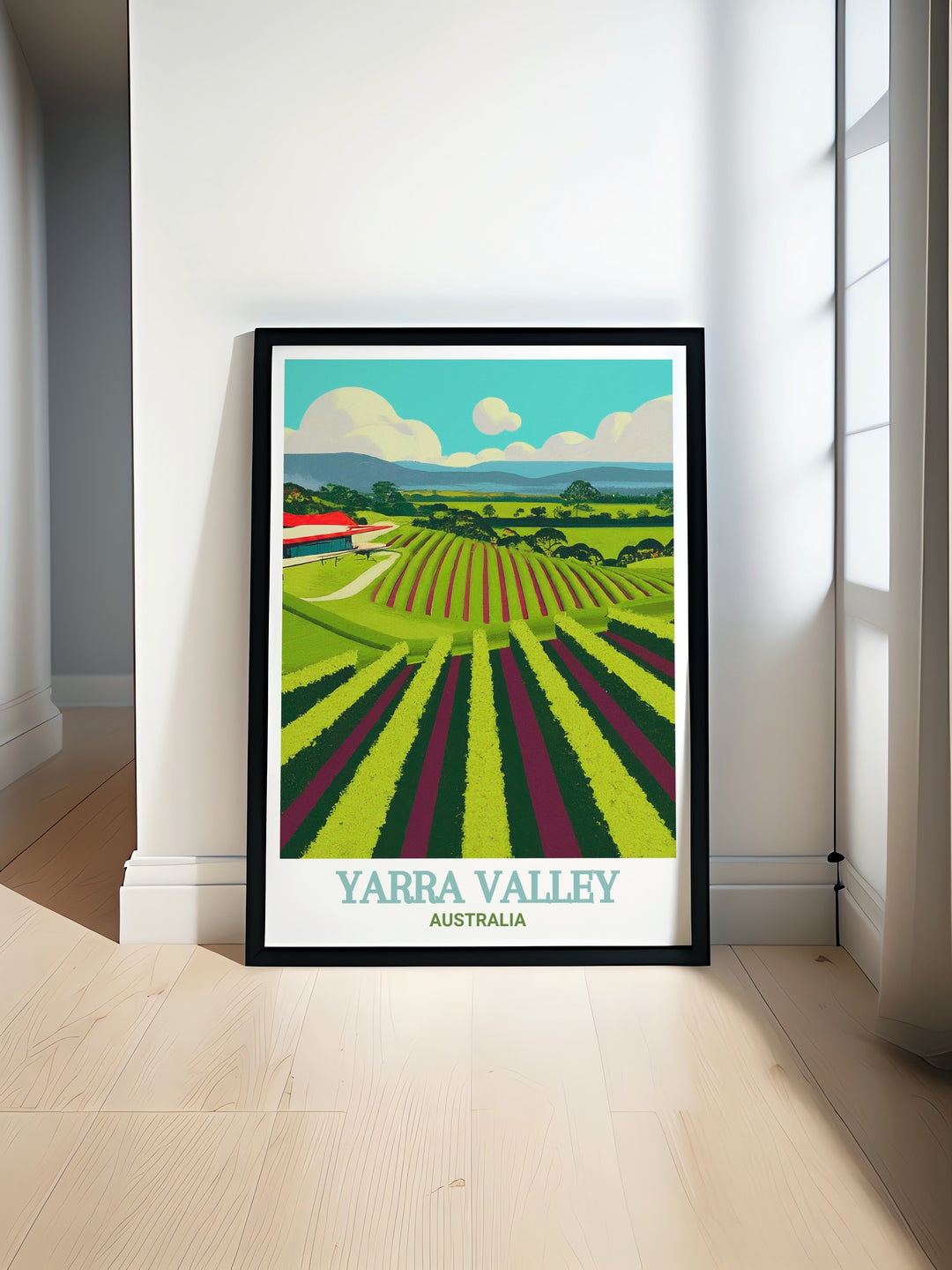 Yarra Valley Wineries canvas print features a breathtaking view of Australias famous wine region, showcasing vibrant vineyards and rolling landscapes. This travel print is perfect for wine lovers and those who enjoy nature inspired décor. Elevate your home with this beautiful piece of Australian scenery.