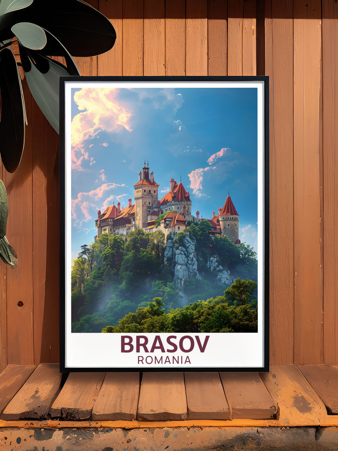 Intricate Brasov print showcasing the rich heritage of Brasov Romania with a stunning view of Bran Castle. Perfect for enhancing any room with elegant home decor.