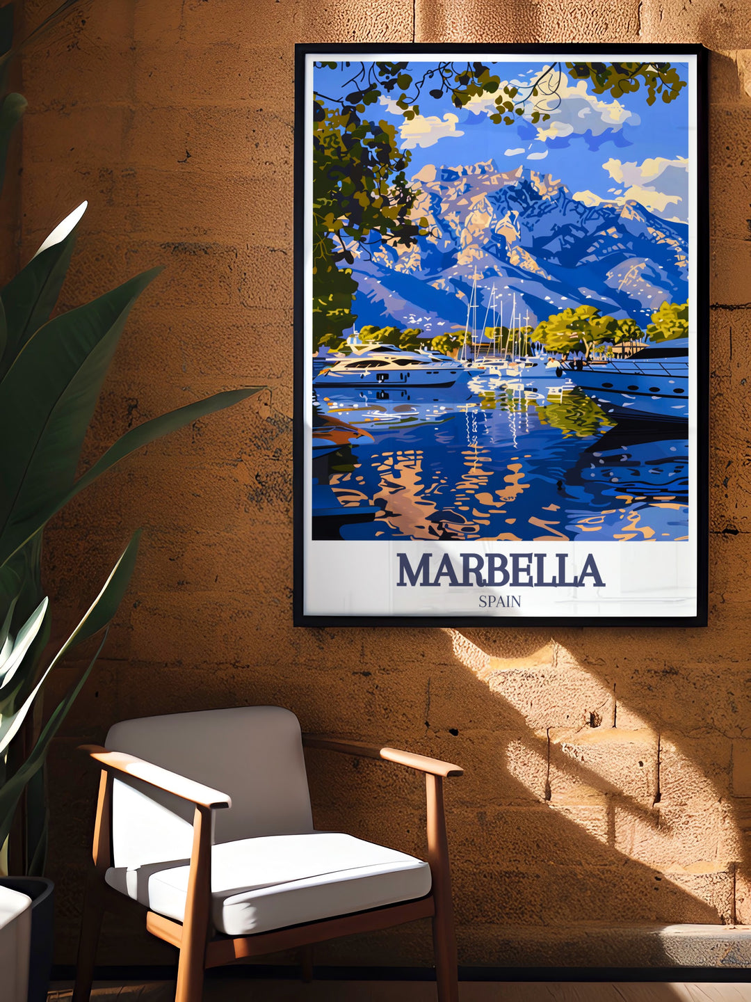 Beautiful Marbella picture capturing the dynamic energy of Puerto Banus marina and the tranquil presence of La Concha mountain ideal for enhancing your home decor