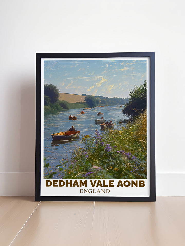 Experience the peacefulness of Dedham Vale with this travel print, highlighting the serene Stour River and Constable Country. Perfect for countryside lovers and travelers, this canvas art adds a touch of natures beauty to any space.