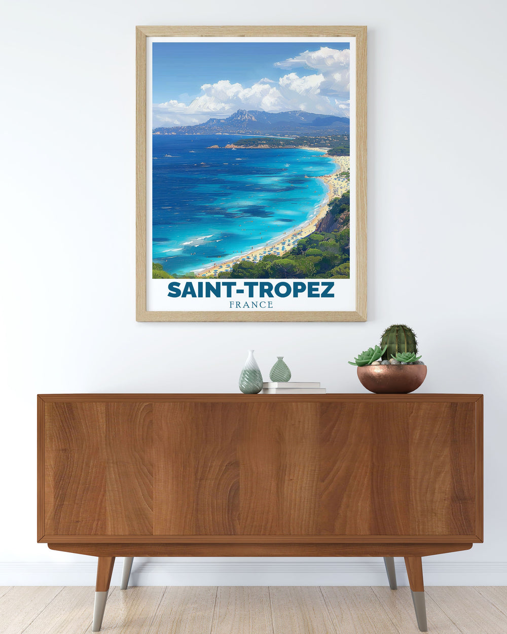 French Riviera art with St Tropez poster and Pampelonne beach prints designed to enhance your living room decor. The vibrant colors of Pampelonne beach and St Tropez bring luxury and sophistication to any space making it perfect for modern decor or gifts.