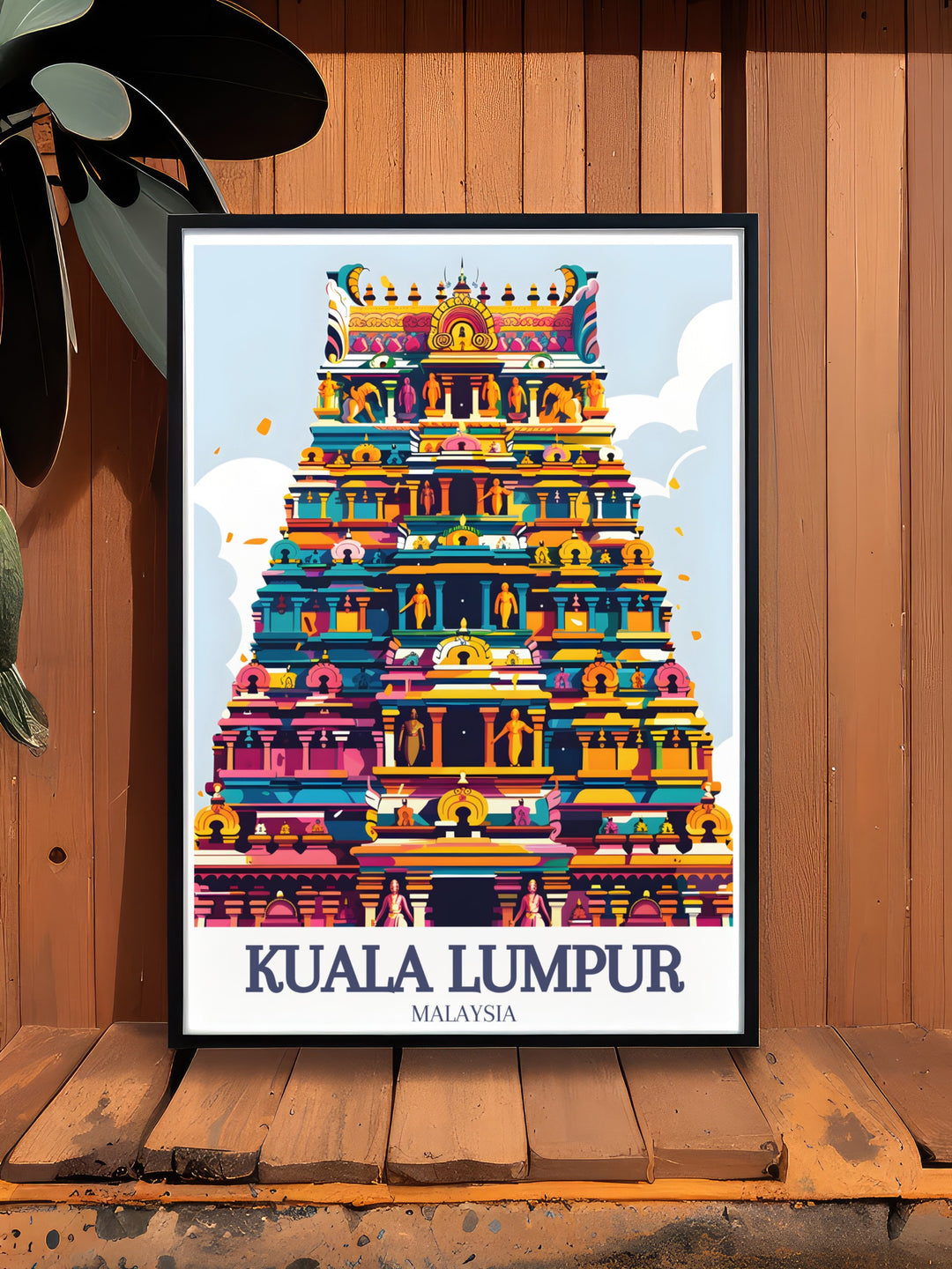 Kuala Lumpur travel print featuring the spiritual grandeur of Sri Maha Mariamman Temple and the dynamic Jalan Bandar. This artwork is ideal for those who appreciate the balance of tradition and modernity in global cities, making it a unique decor choice.