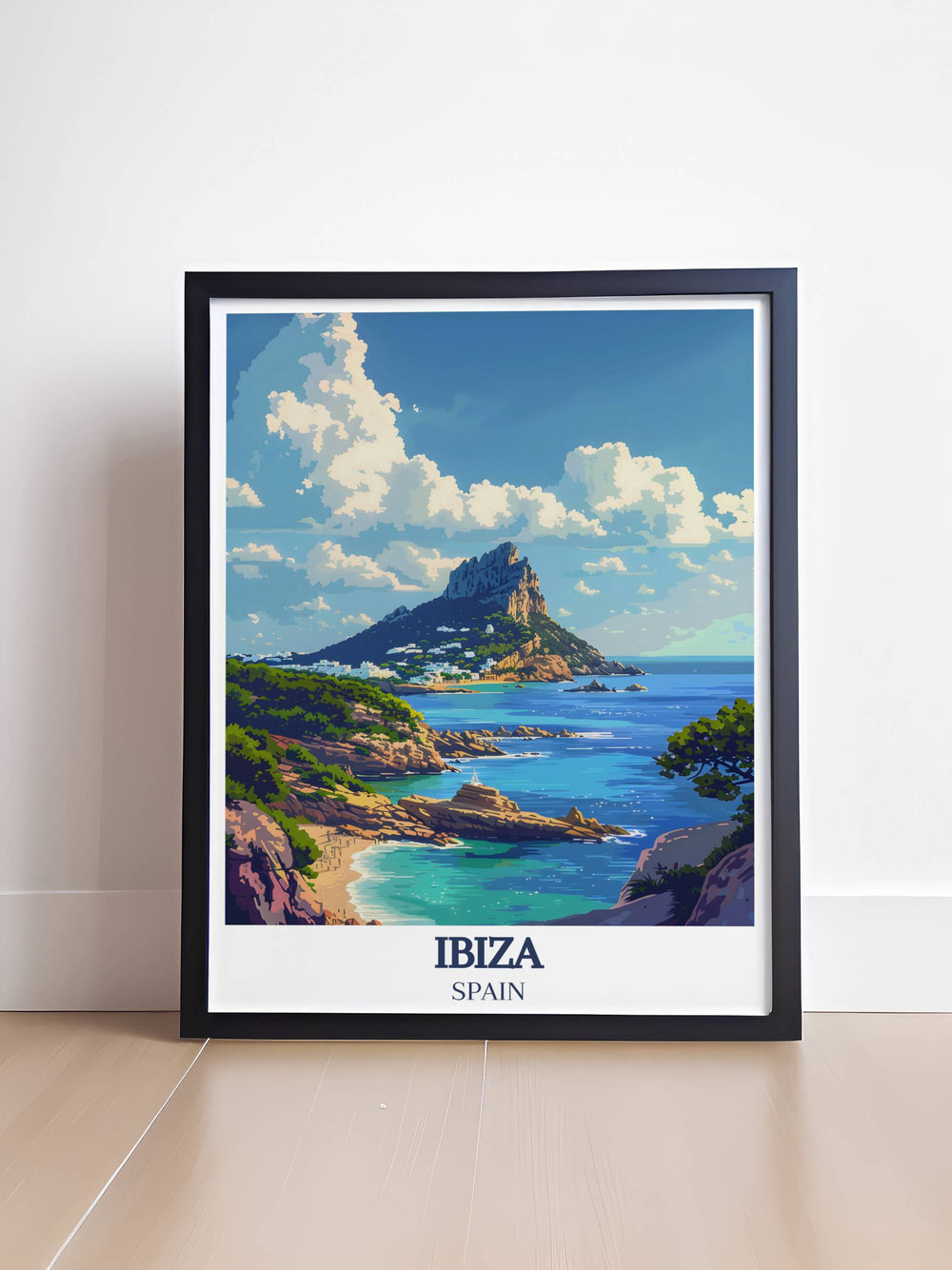 Ibiza Club Poster showcasing the iconic Ocean Beach Club and the enchanting Es Vedra Digital ideal for fans of dance music art and those who appreciate Ibizas natural beauty looking to enhance their wall art collection