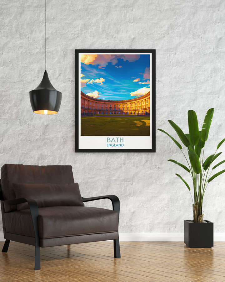 Royal Crescent poster featuring Baths scenic view, blending historical architecture with modern artistic interpretation.