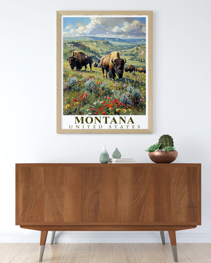 Yellowstone Bison Wall Art showcases the untamed beauty of Montana, with the iconic bison grazing peacefully in the vast landscape. This framed art is perfect for those who love wildlife and the great outdoors, adding a touch of natural beauty to any room.