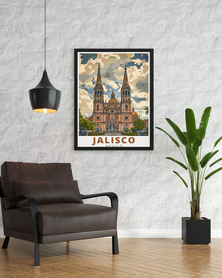 A striking blend of color and architecture, this travel print of Jalisco showcases the grandeur of the Guadalajara Cathedral, one of Mexicos most treasured landmarks. Ideal for home or office, it brings the vibrant spirit of Jalisco to life in a stunning display.