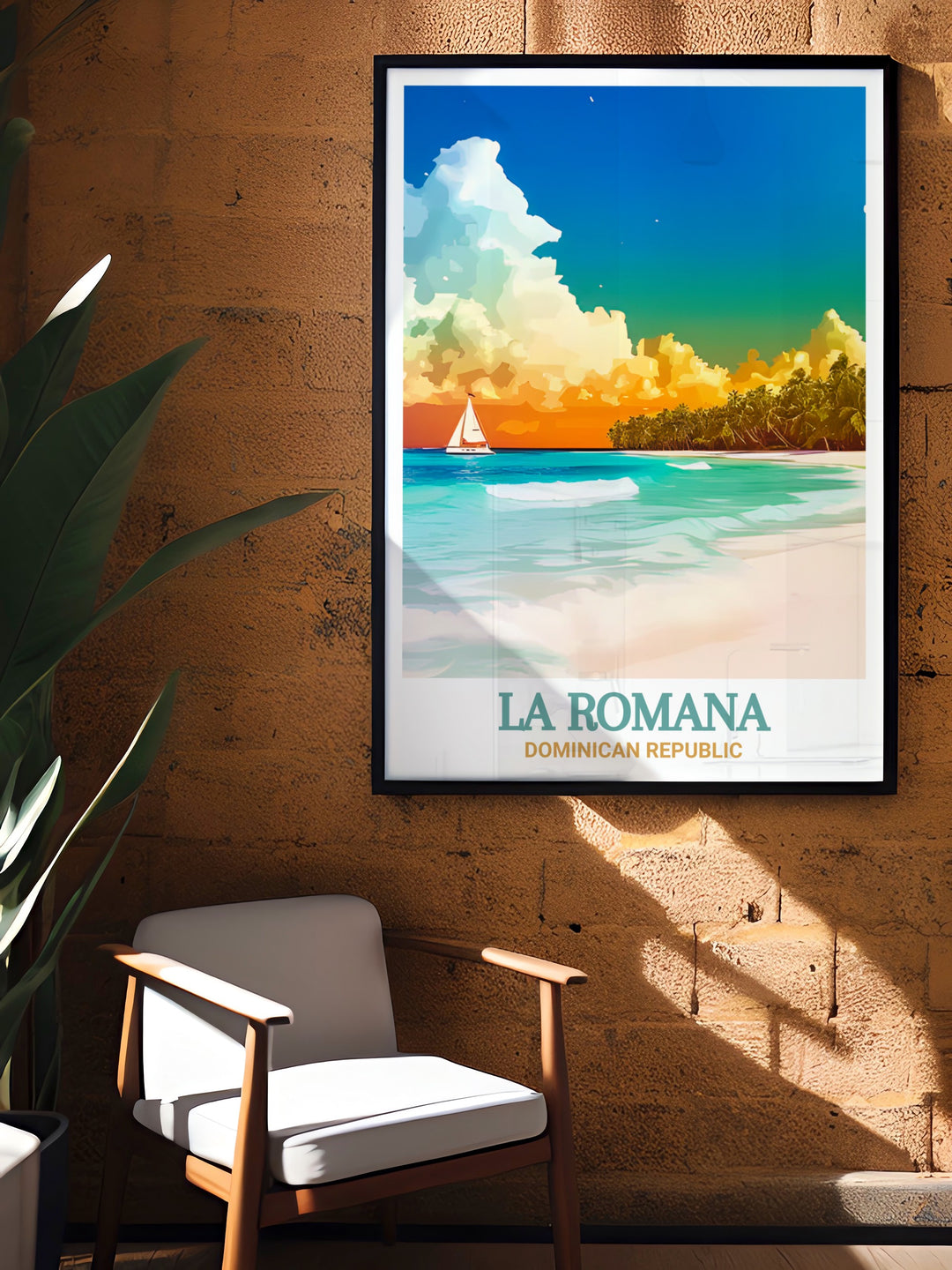 Bayahibe Beachs gentle waves and clear waters are showcased in this La Romana travel poster, bringing the relaxing vibe of the Caribbean into your home. Perfect for those who love tropical settings.