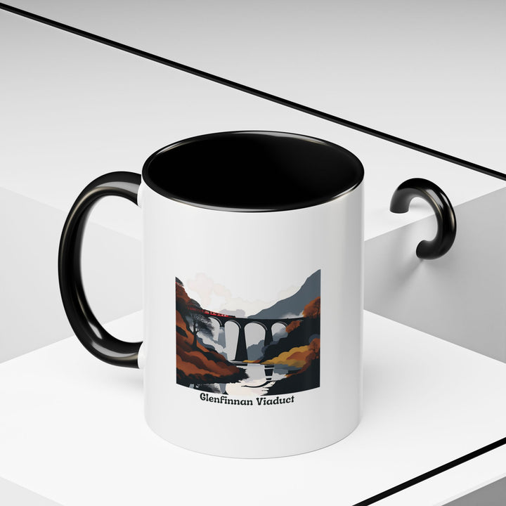 A charming Glenfinnan Viaduct mug with vibrant depictions of Scotland's iconic landmark. Dishwasher and microwave safe, it is a practical and stylish choice for tea, coffee, or cocoa.