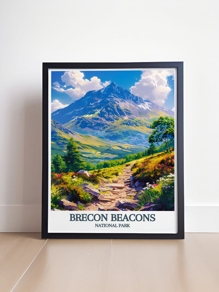 Pen Y Fan and Corn Du in Brecon Beacons National Park featured in a stunning retro travel poster. This vintage print is perfect for those who love the outdoors and appreciate classic art styles