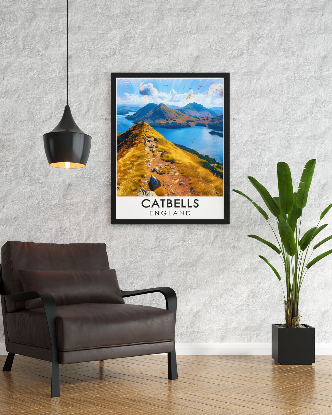 Beautiful Catbells Summit travel poster that highlights the natural charm of the Lake District an excellent choice for those looking to bring the tranquility and adventure of Cumbria into their living spaces