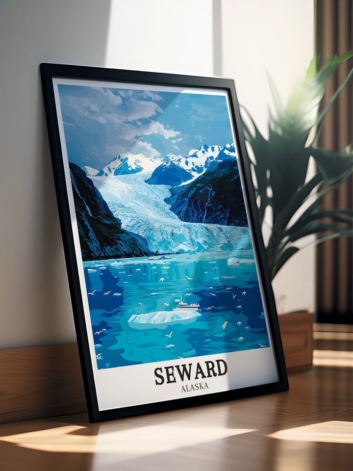 High quality Seward poster featuring the breathtaking Kenai Fjords and the majestic Harding Icefield. The print showcases the dramatic scenes of glaciers and rugged coastlines, ideal for enhancing any space with the wild beauty of Alaska