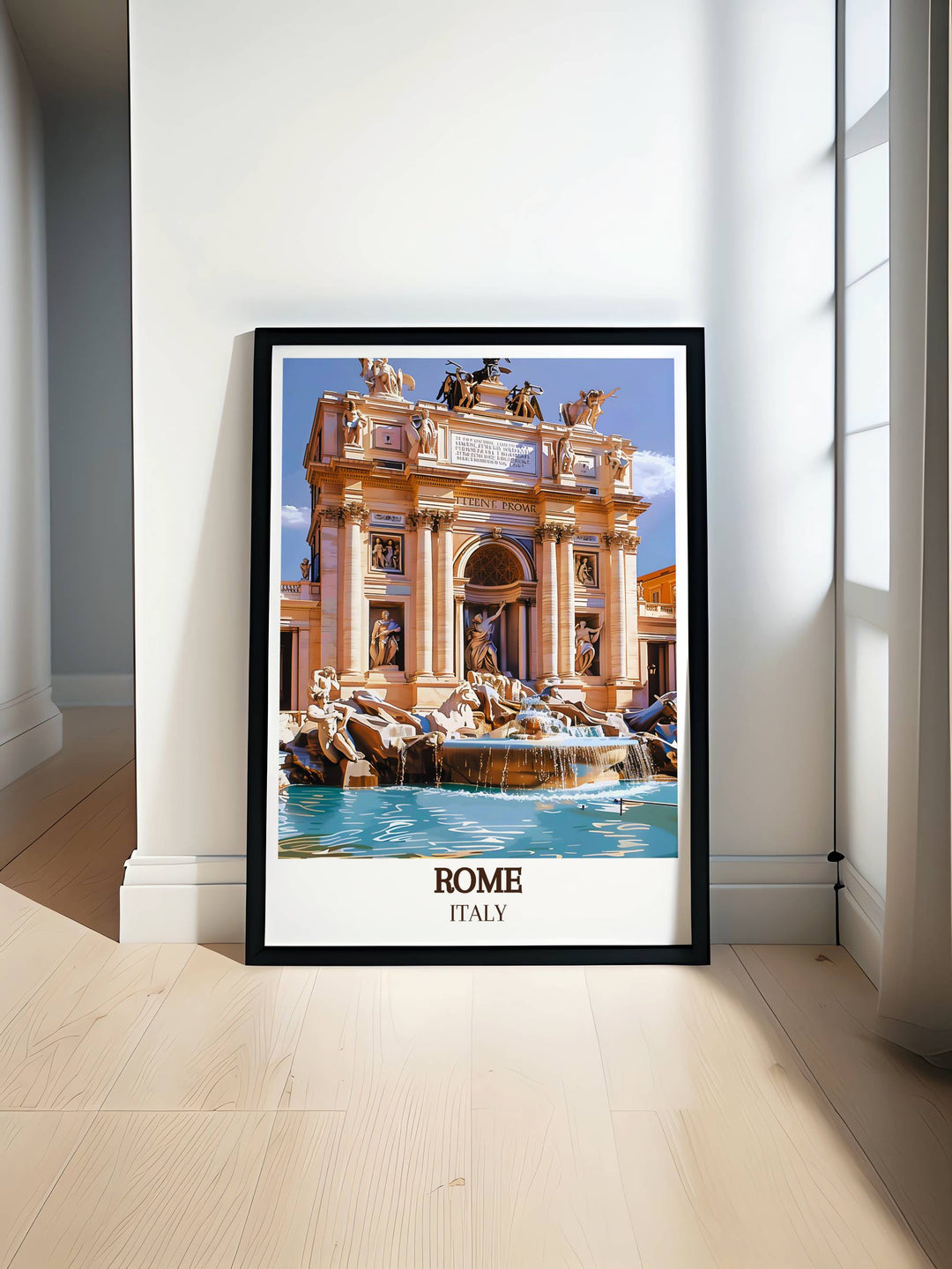 Trevi Fountain Modern Print featuring the iconic Rome Italy landmark. This stunning artwork captures the grandeur of the fountain and adds elegance to any room making it an ideal travel gift or home decor piece.