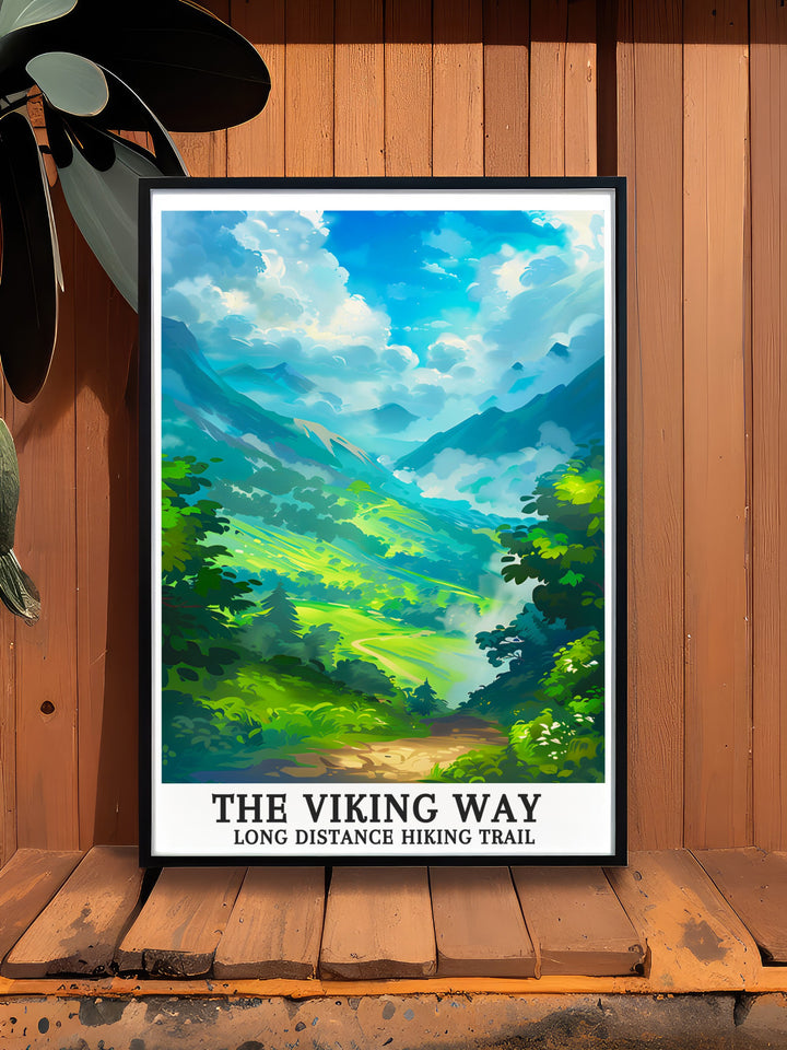 Scenic travel poster of The Viking Way Long Distance Hiking Trail in Lincolnshire, featuring Trolltinden mountain peaks. This artwork captures the vibrant colors and intricate details of the trail, making it an ideal gift for friends and family. Perfect for birthdays, anniversaries, or holidays, celebrating the beauty of Lincolnshire.