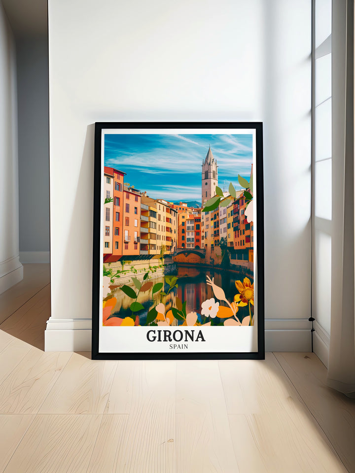 Girona travel decor featuring a detailed print of the Basílica of San Feliu and the Onyar River in Spain. This Spain wall art captures the essence of Gironas historical significance and the serene beauty of the Onyar River, making it a perfect addition to any room or a thoughtful gift for history enthusiasts