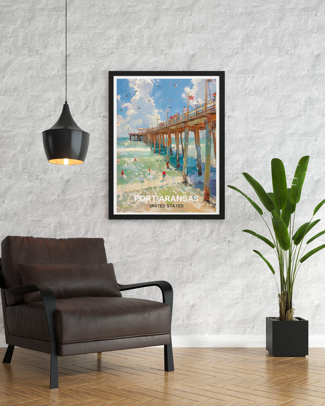 Bring the charm of Texass Gulf Coast into your home with this travel poster of Port Aransas. Featuring the iconic Horace Caldwell Pier, this artwork captures the essence of coastal life in a beautifully detailed print.