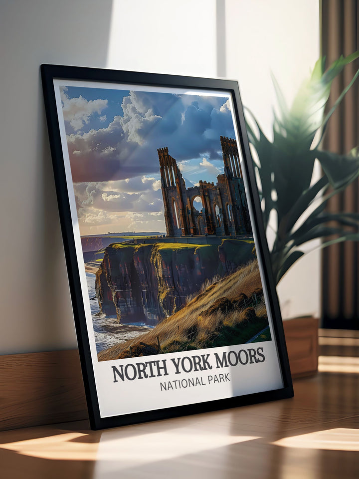 Explore the rugged beauty of North York Moors with this travel poster, featuring the heather clad hills and serene valleys that make this national park a must visit for nature enthusiasts.