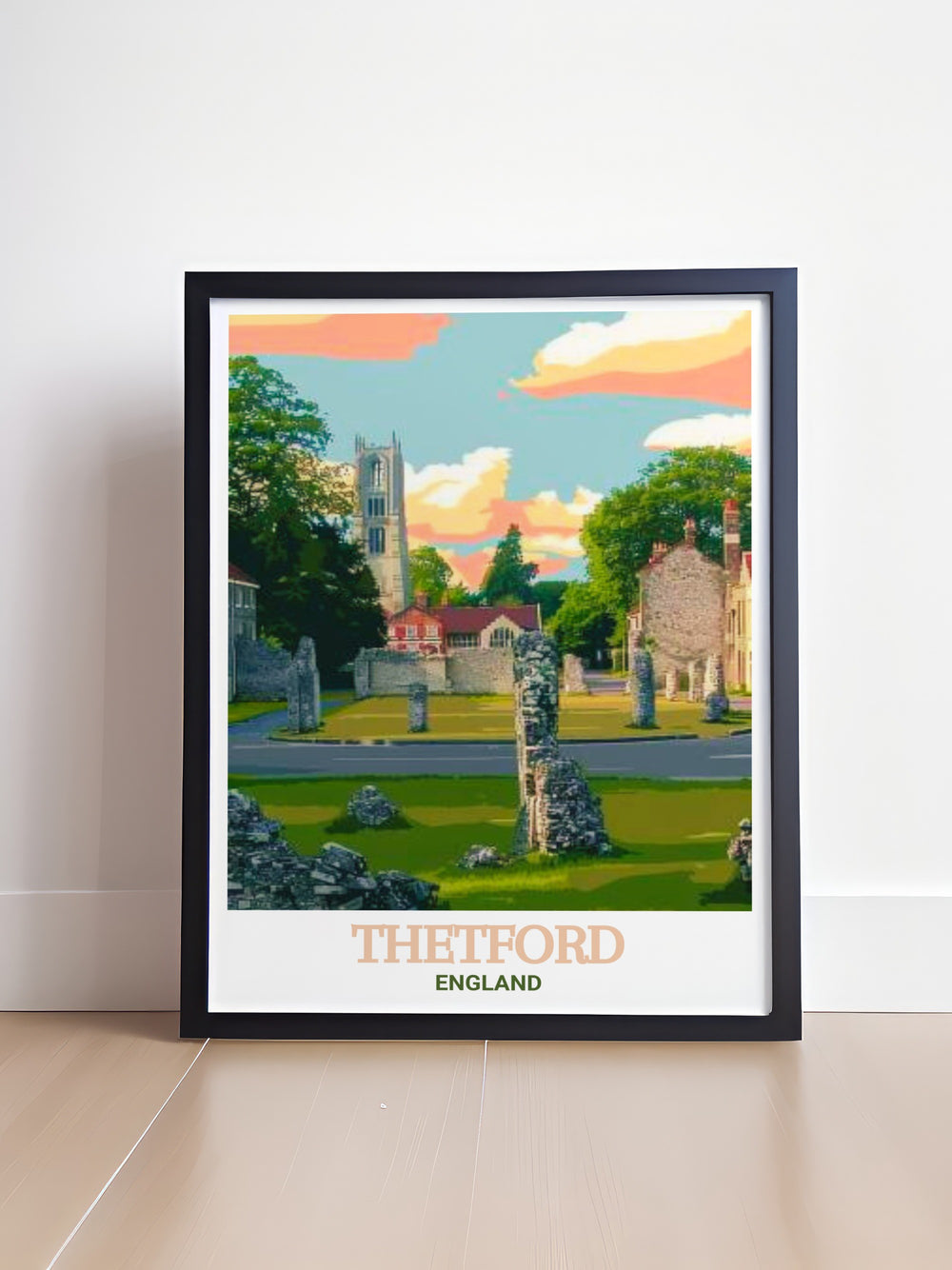 This framed art of Thetford Priory offers a unique blend of history and art, perfect for enhancing your home decor. The artwork beautifully depicts the serene ruins of the priory, bringing a piece of Englands past into your living space.