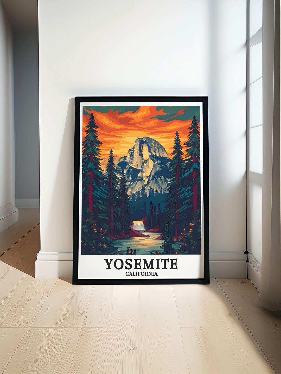 Half Dome Yosemite Falls print highlighting the majestic beauty of Yosemite National Park with detailed artwork perfect for modern and classic home decor