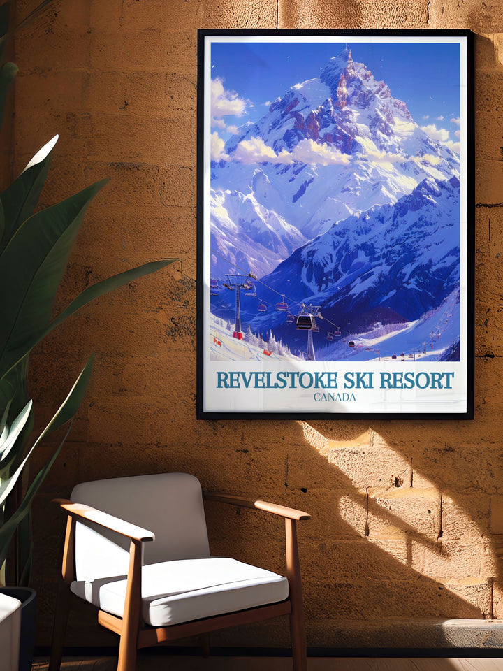 British Columbia Art piece featuring Mount Mackenzie and the Revelation Gondola cable car. This vintage ski poster is a beautiful addition to any skiing wall art collection. Ideal for home decor and Canada travel enthusiasts.