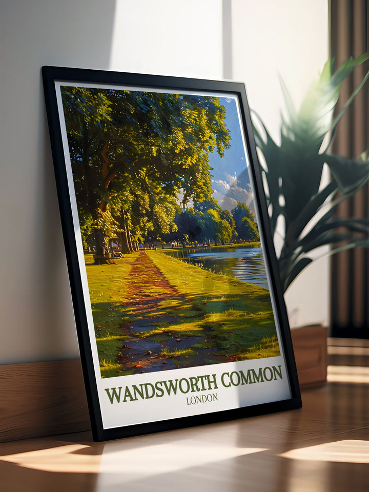 Decorate your home with a vintage London print of Wandsworth Common. This retro railway print style artwork showcases the picturesque beauty of Wandsworth Park and Clapham London, making it an ideal choice for those who appreciate timeless elegance.