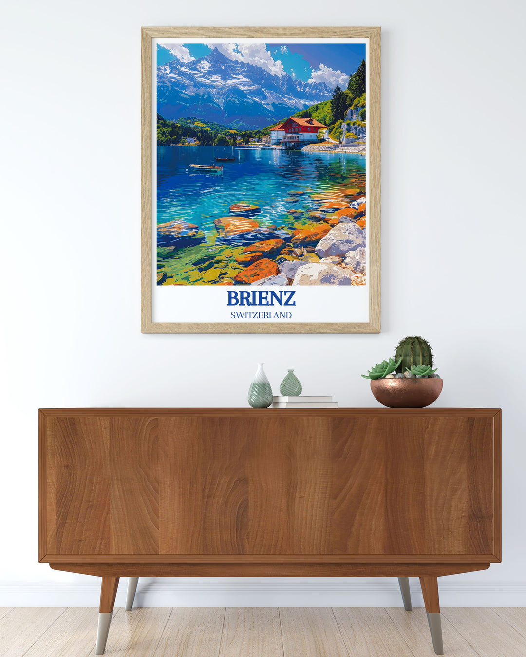 Brienz travel poster featuring Lake Brienz, Brienzer Rothorn. Perfect for adding a touch of Swiss elegance to your home. Retro travel poster capturing the charm of Switzerland. Wonderful wall art print gift.