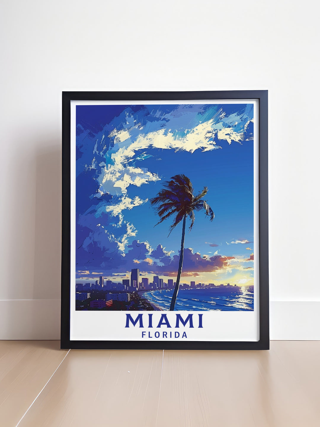 This Miami Beach Travel Print is a stunning piece of artwork, showcasing the pristine beaches of Miami under the golden sun. Perfect for adding a touch of Miamis tropical charm to your living room, bedroom, or office.