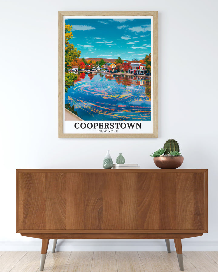 Celebrate the historical and natural wonders of Cooperstown with this framed art, featuring the iconic downtown area and Otsego Lake. A great addition for those who love New Yorks countryside and peaceful lake views.