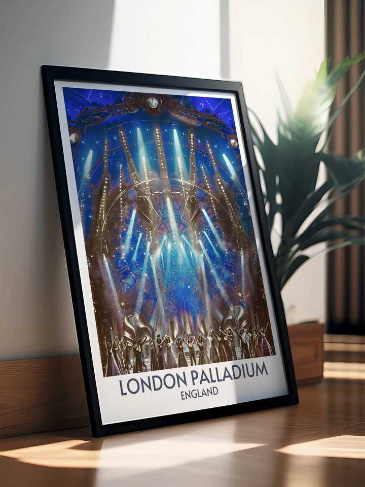 Elegant Stage Performances Art Print of the London Palladium. This retro travel poster captures the charm of the West End theatre and its iconic performances. Ideal for decorating your home with a touch of Londons theatrical heritage.